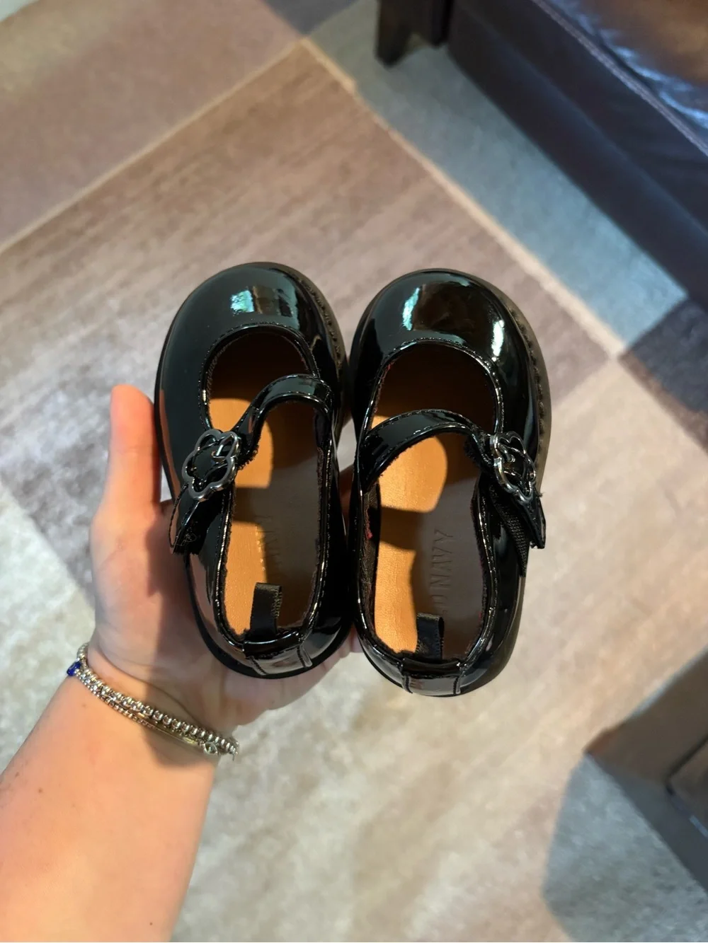 Old Navy Black Patent Mary Jane Shoes with Flower Buckle